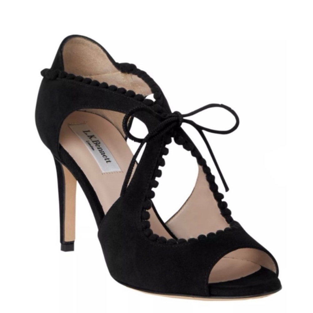 L.K.BENNETT | Ellena Black Suede Peep-Toe Heels, Size 9
